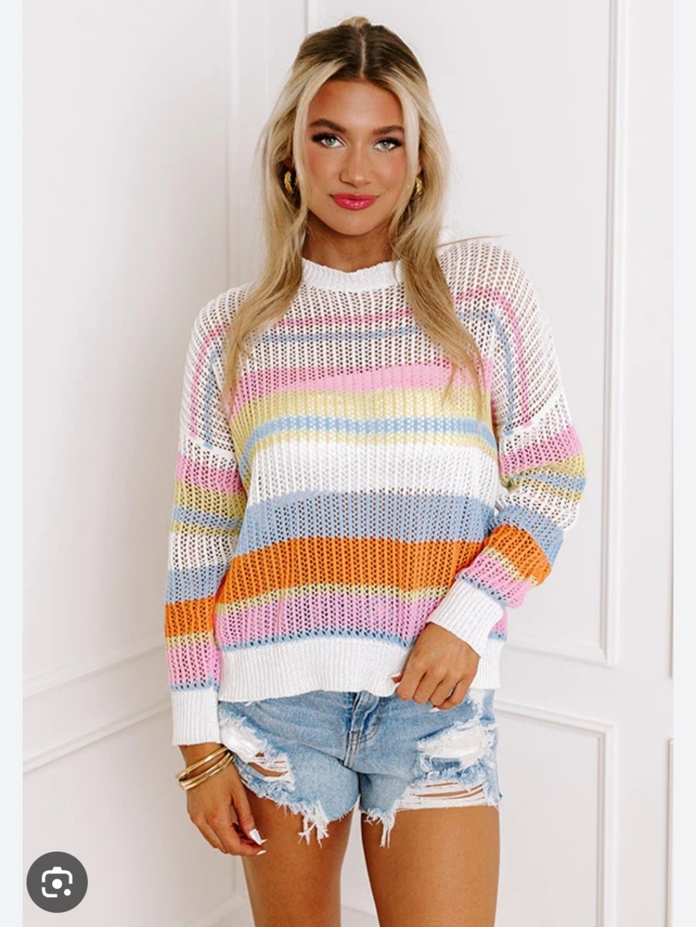Pink Lily Striped Crochet Knit Sweater